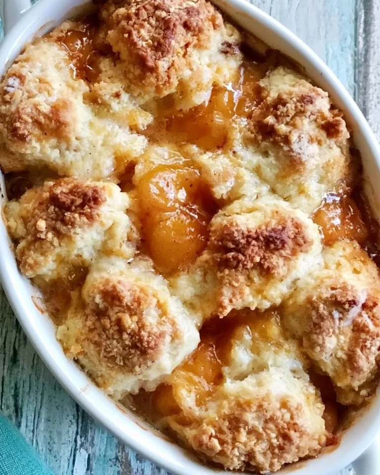 Delicious Southern peach cobbler topped with golden crust and fresh peach slices