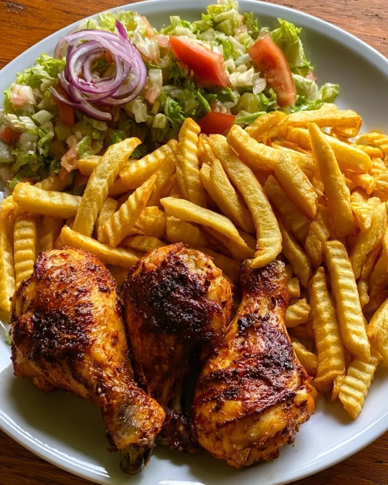 Spiced chicken drumsticks served with crispy fries and fresh garden salad