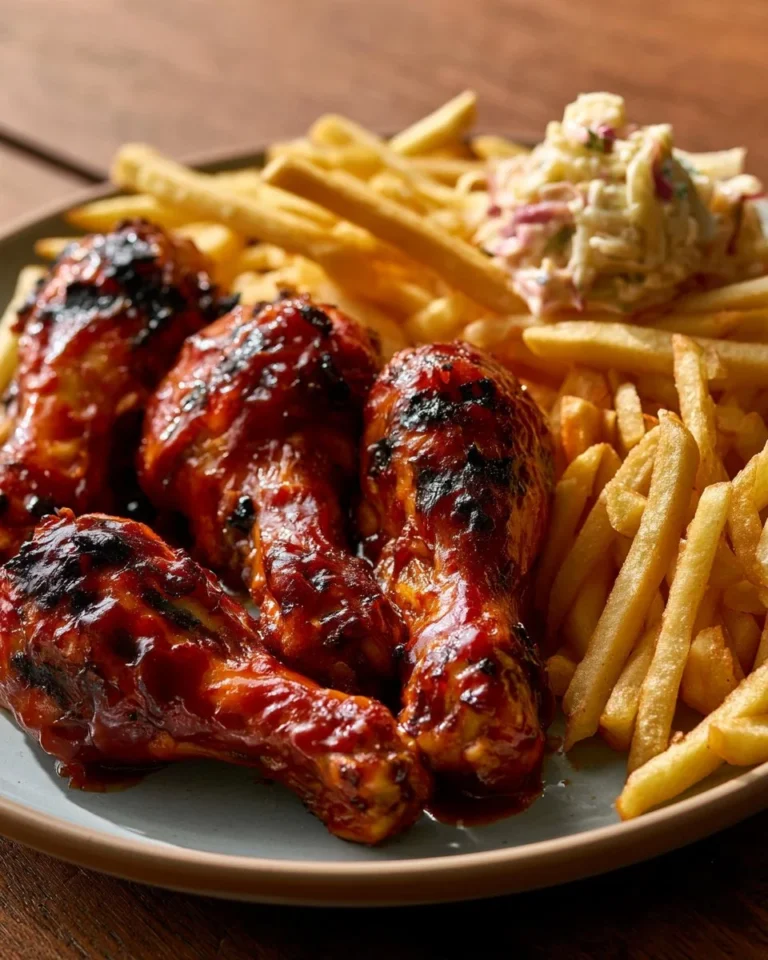 Sticky BBQ chicken drumsticks served with fries and creamy coleslaw on a plate.