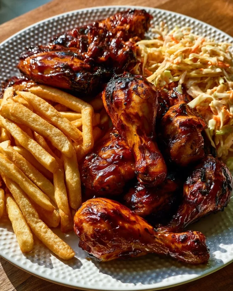 Delicious sticky BBQ chicken with crispy fries and fresh slaw on a plate