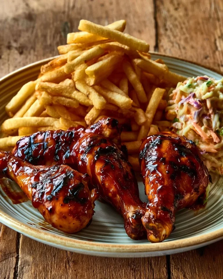 Sticky BBQ chicken served with crispy fries and fresh slaw