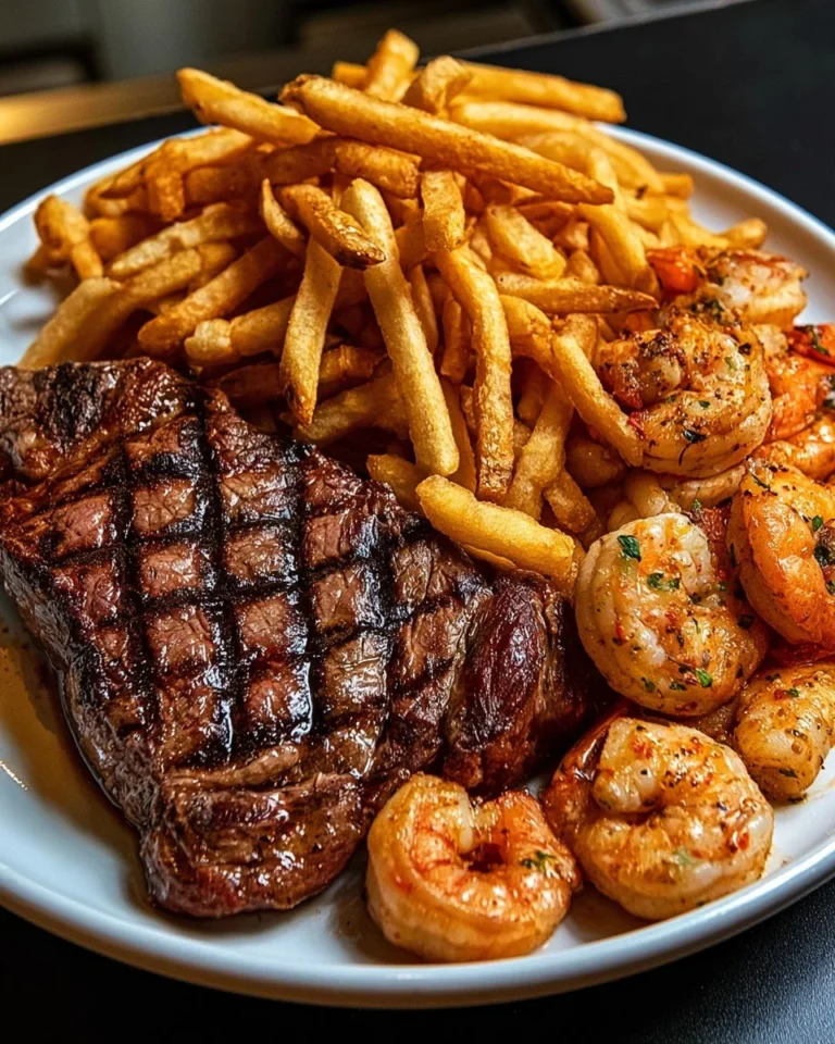 Delicious Surf & Turf Steak Plate with grilled steak and seafood