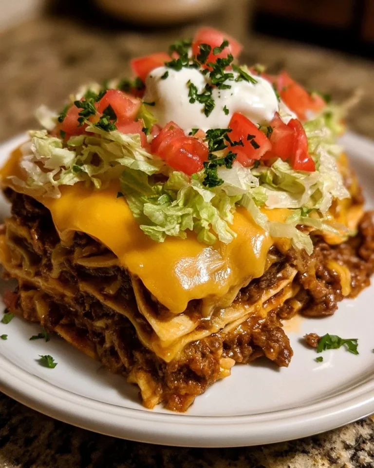 Delicious Taco Lasagna with layers of beef, cheese, and salsa served on a plate