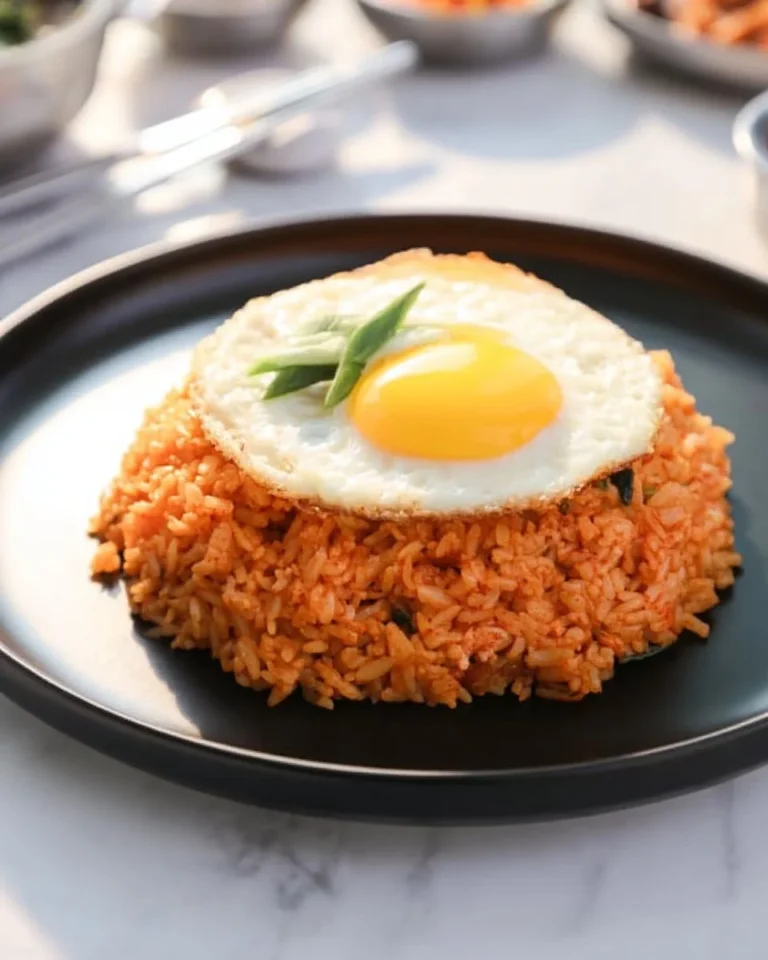 Bowl of tangy and spicy kimchi fried rice garnished with green onions
