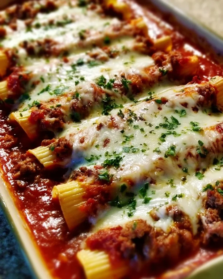 Delicious stuffed manicotti topped with meat sauce and cheese