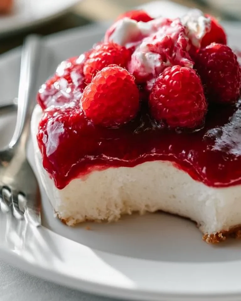 Delicious raspberry cream pie topped with fresh raspberries and whipped cream