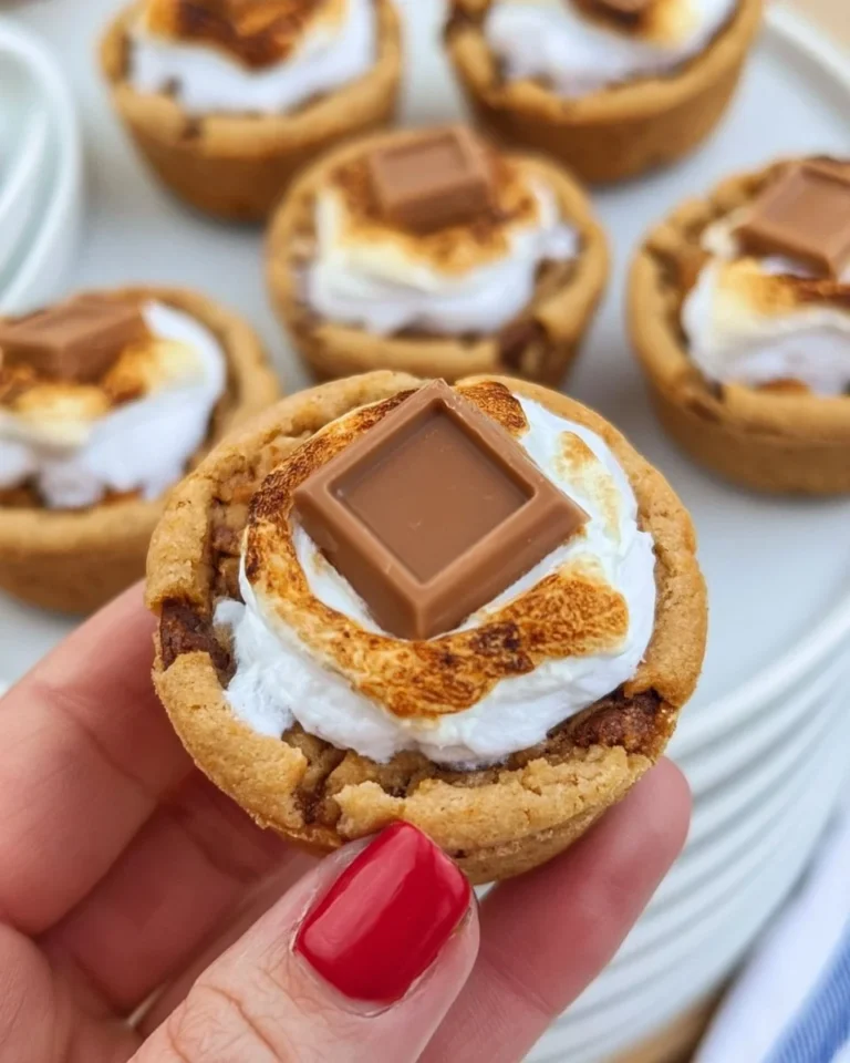 Delicious 4 Ingredient S'Mores Cookie Cups topped with chocolate and marshmallows