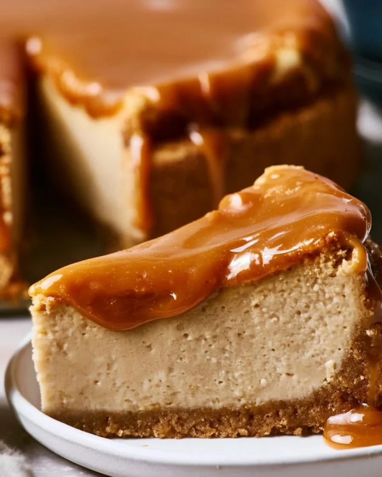 Delicious Apple Cider Cheesecake topped with caramel and apple slices