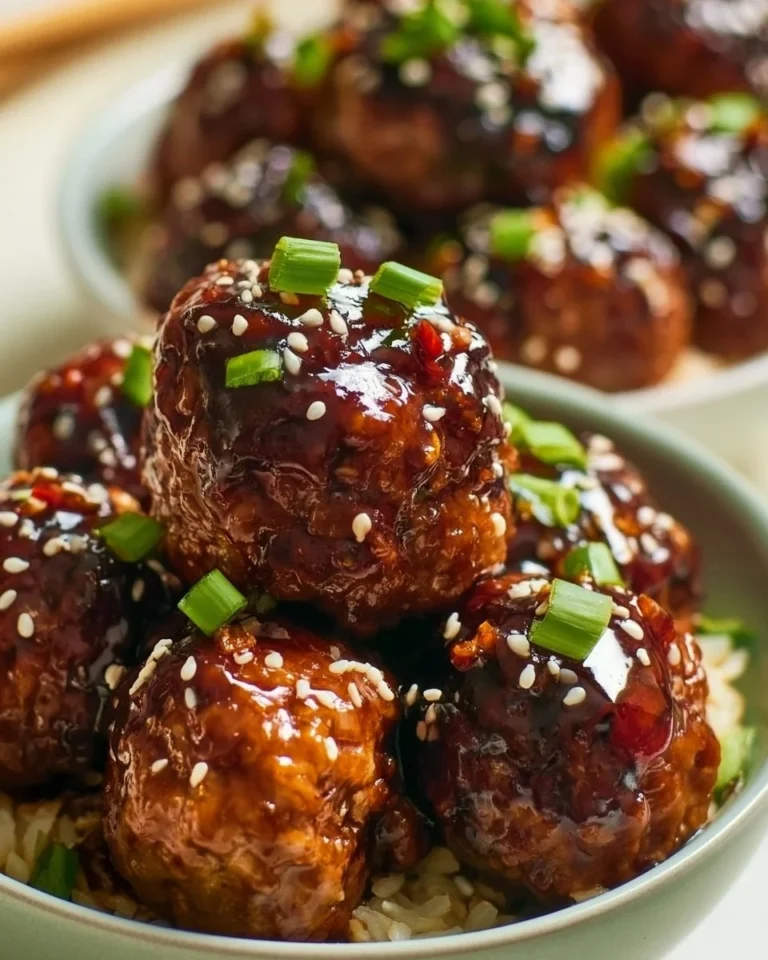 A plate of flavorful Asian meatballs garnished with herbs and served with dipping sauce.