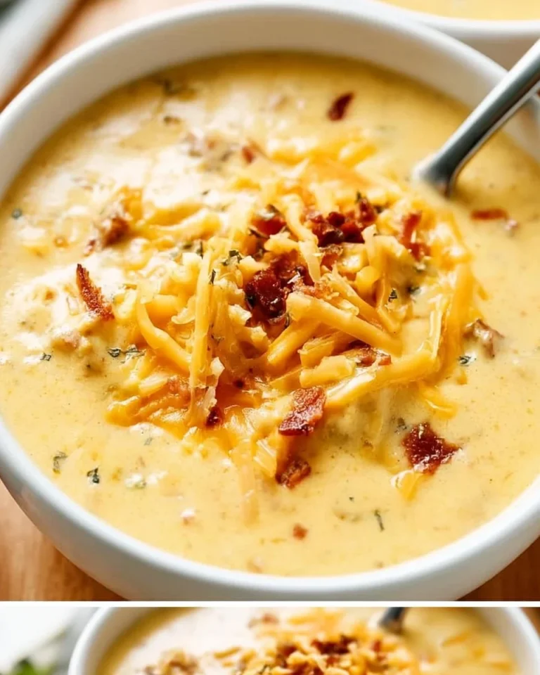 Bacon Cheeseburger Soup in a bowl, garnished with cheese and bacon bits.