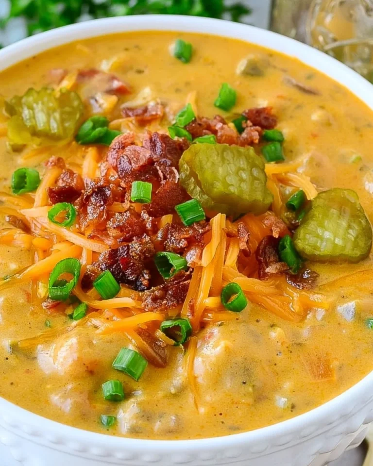 Bacon Cheeseburger Soup garnished with cheese and bacon in a bowl