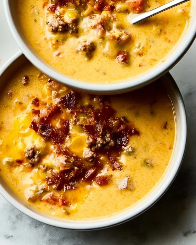 Delicious bowl of cheeseburger soup topped with cheese and fresh herbs.