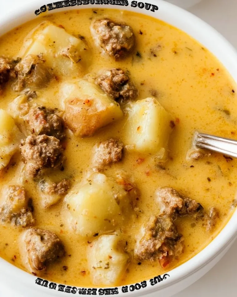 Delicious bowl of cheeseburger soup topped with cheese and bacon