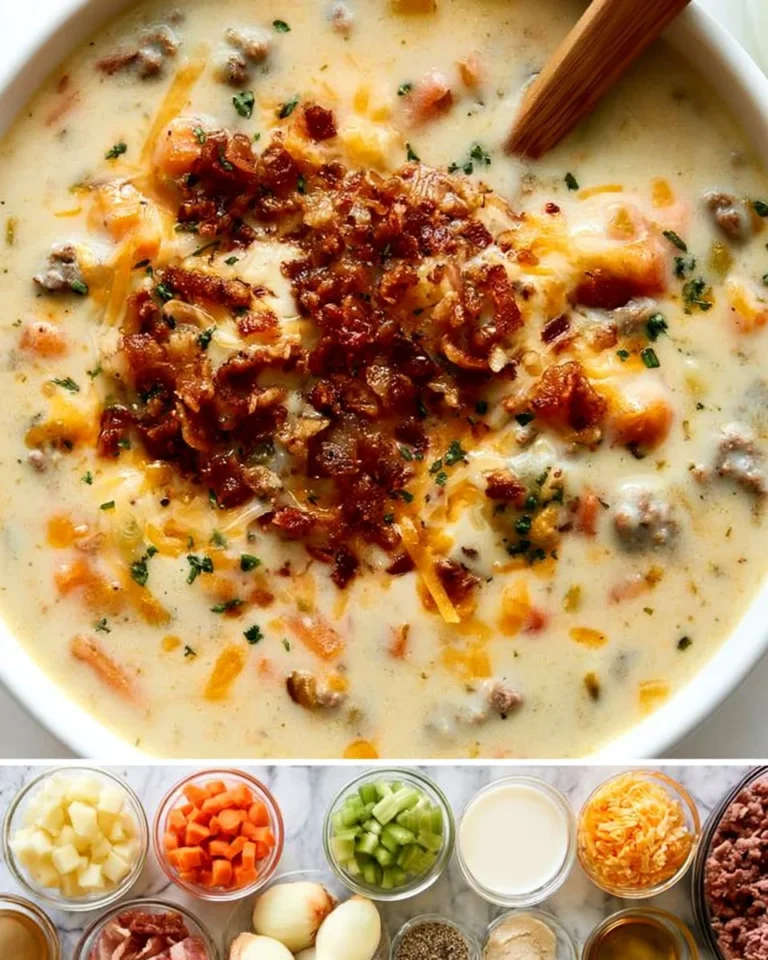 Delicious bowl of cheeseburger soup topped with cheese and herbs