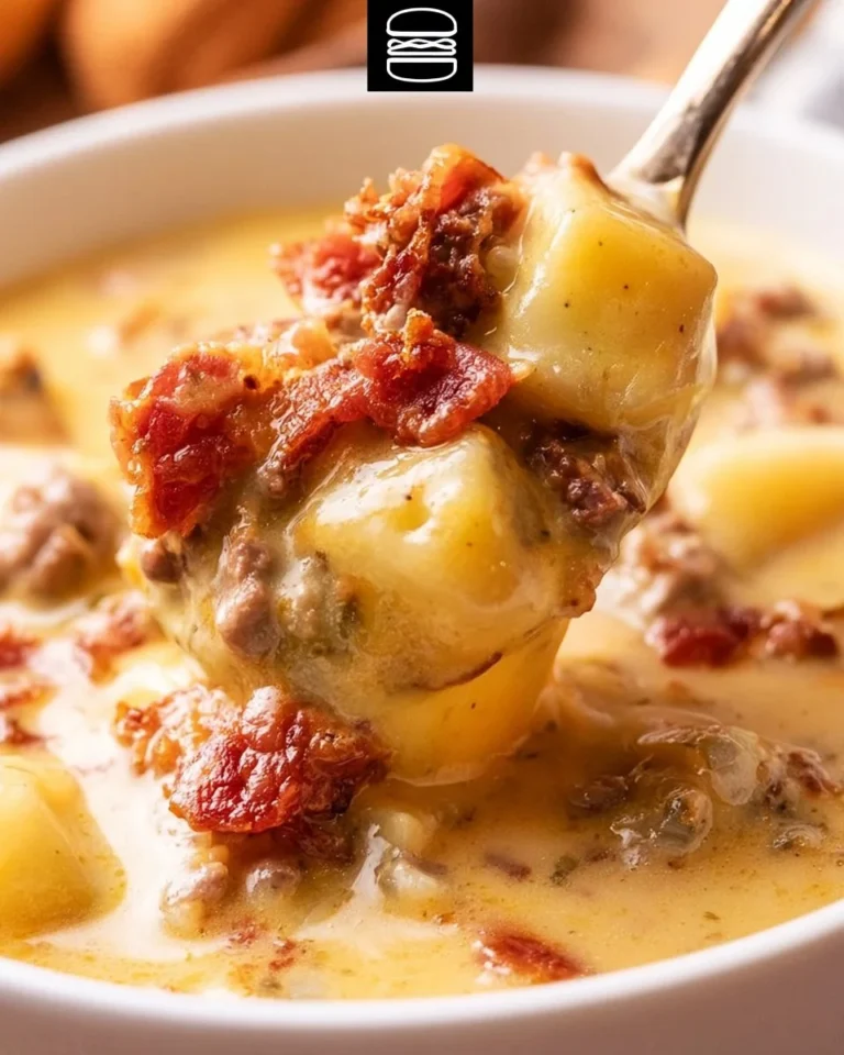 Bowl of creamy cheeseburger soup garnished with cheese and fresh herbs