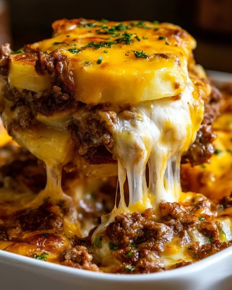 Cheesy hamburger potato casserole served on a plate.