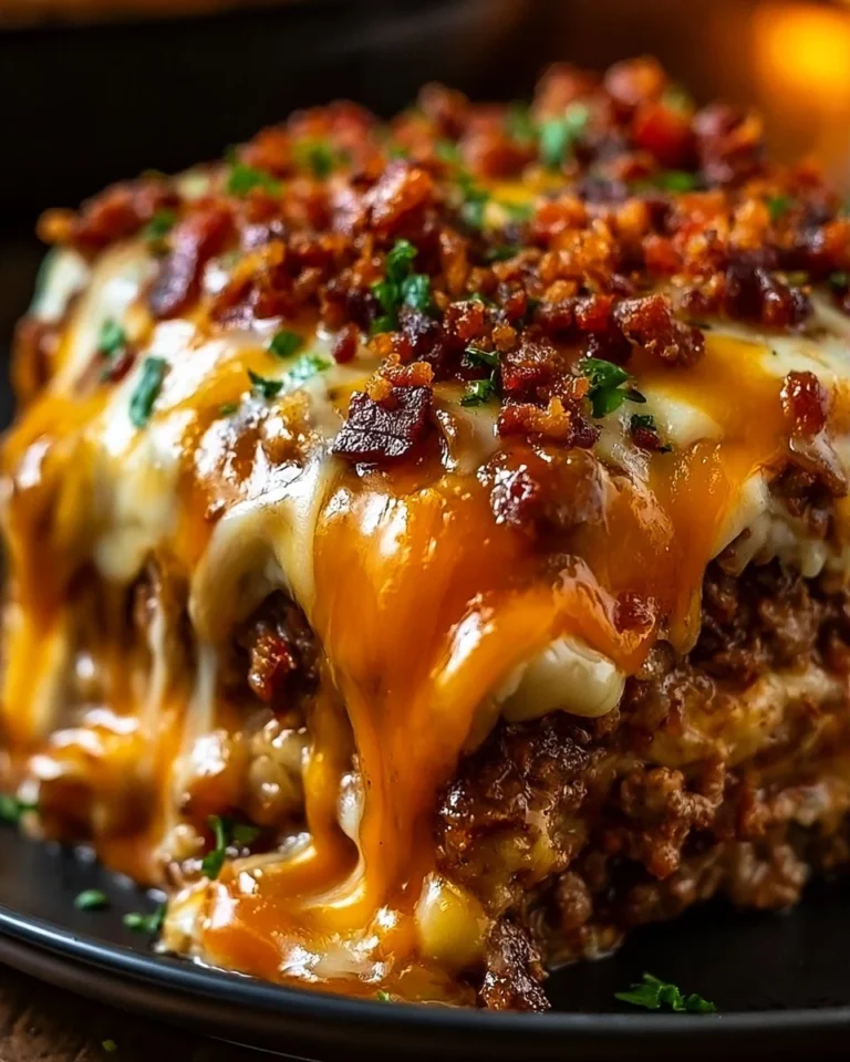Cheesy loaded meatloaf casserole served in a baking dish