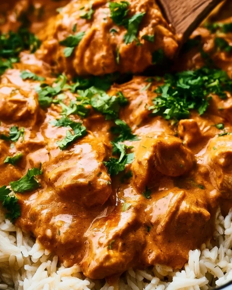 Delicious cozy crockpot butter chicken served with rice and herbs.
