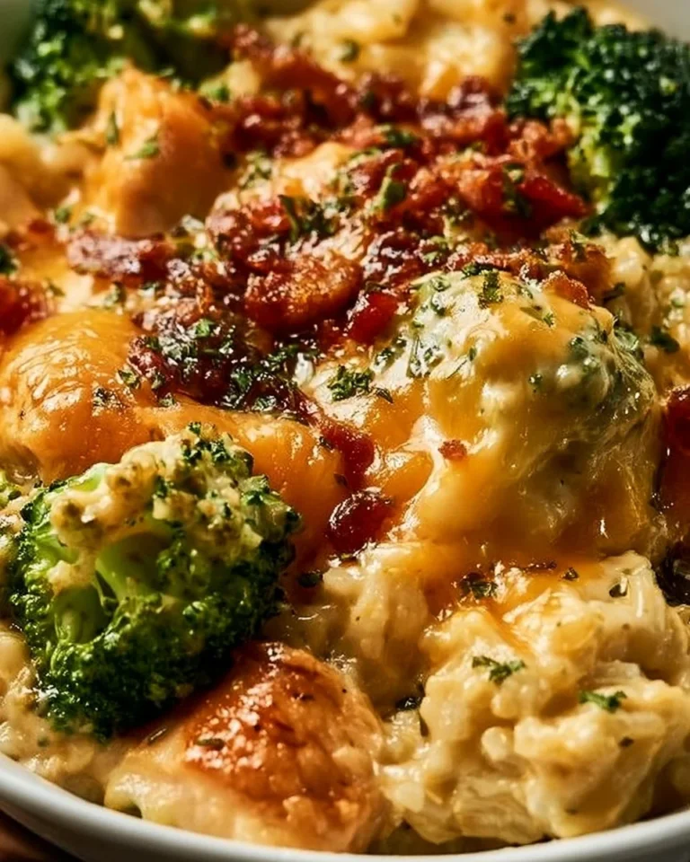 Crockpot Broccoli Cheddar Chicken and Rice in a serving dish