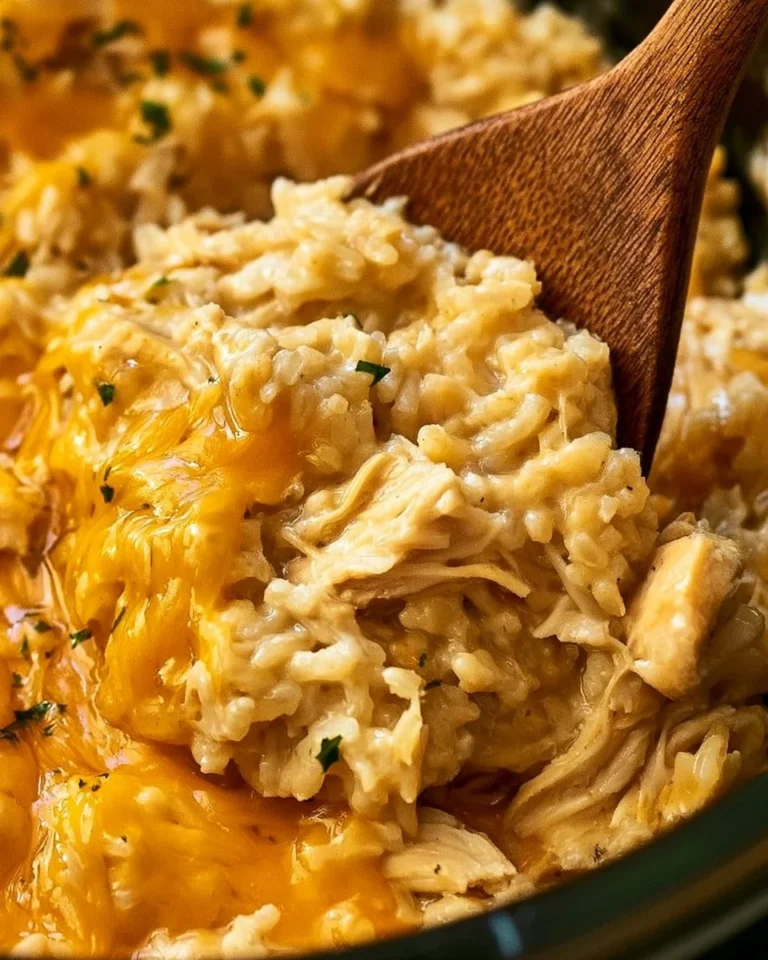 A delicious bowl of crockpot chicken and rice garnished with parsley.