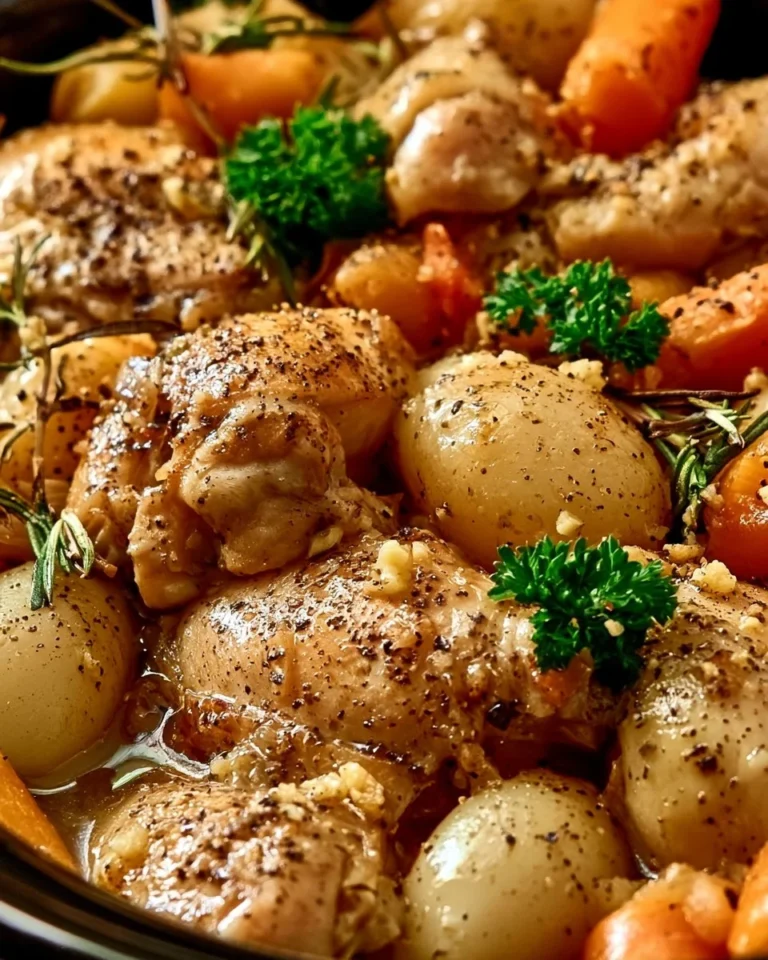 Crockpot Garlic Herb Chicken served with fresh herbs and spices in a bowl
