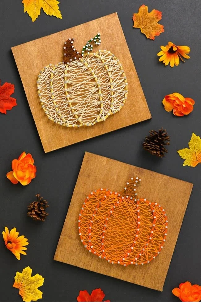 Colorful DIY Pumpkin String Art craft for Halloween decoration