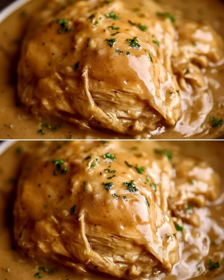 Easy Crockpot Chicken with Creamy Gravy served on a plate