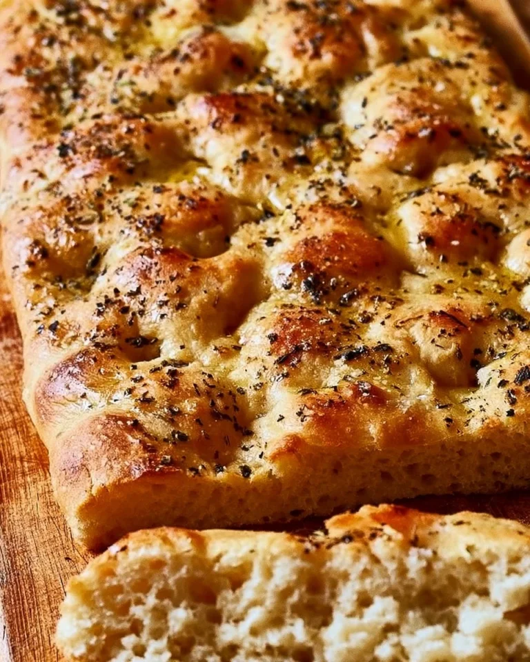 Freshly baked easy homemade focaccia bread with herbs and olive oil