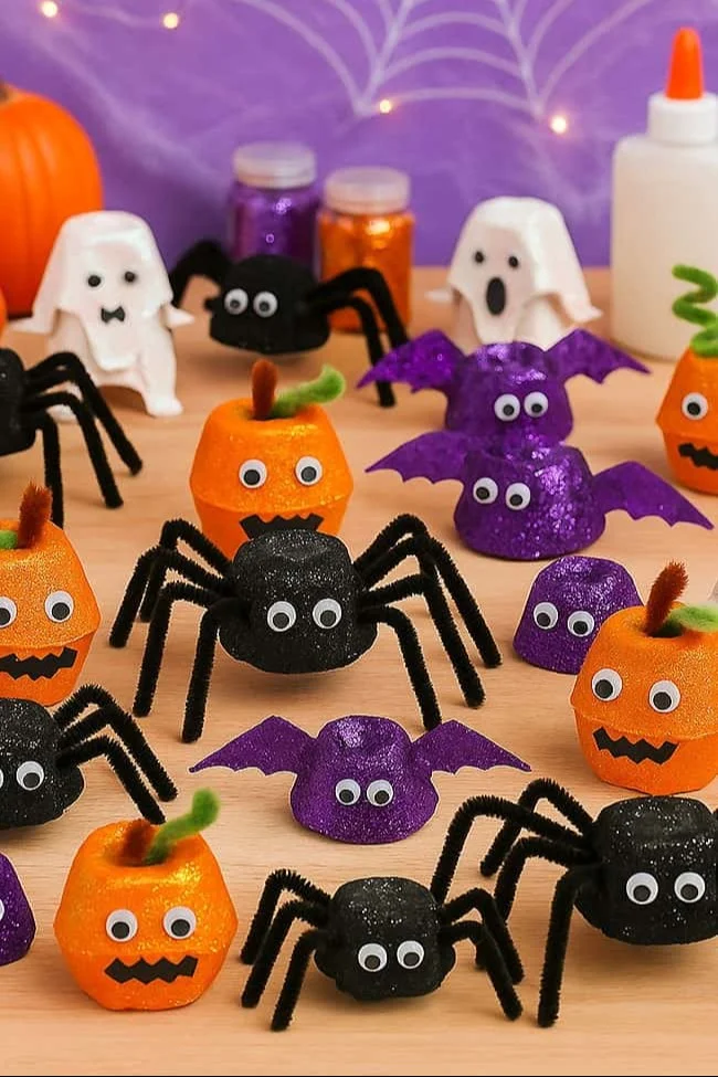 DIY egg carton Halloween crafts featuring bats, ghosts, and spiders.