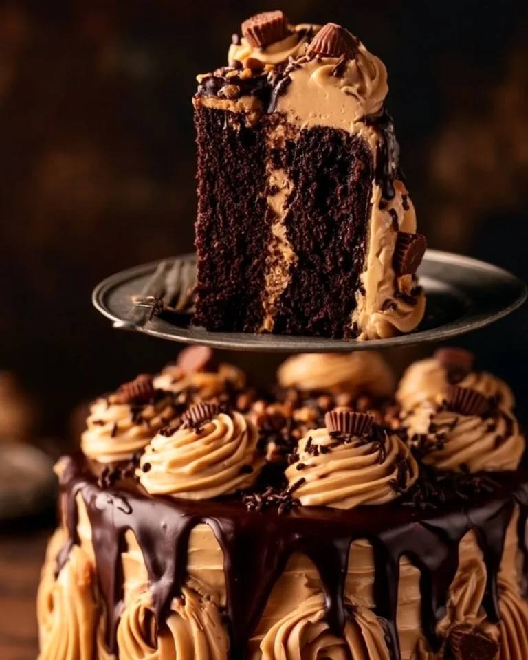 Extra moist chocolate peanut butter cake topped with creamy peanut butter frosting
