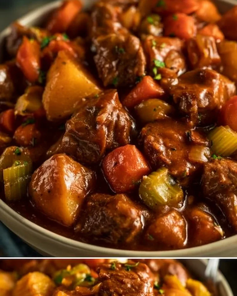 Hearty crockpot stew with vegetables and beef ready to serve in a bowl.