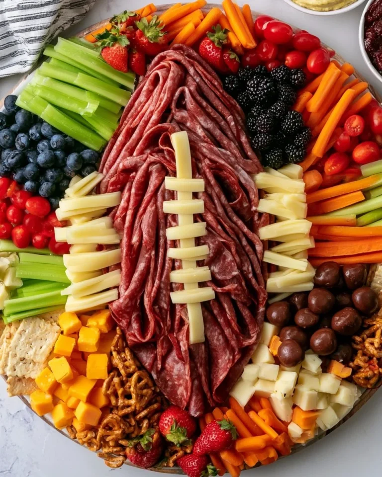 A delicious Football Charcuterie Board with snacks and dips for game day.