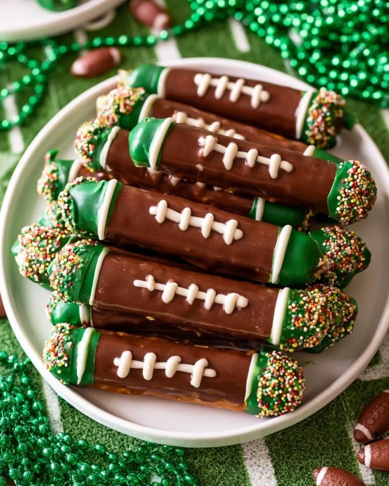 Football themed chocolate pretzel rods decorated for game day snacks