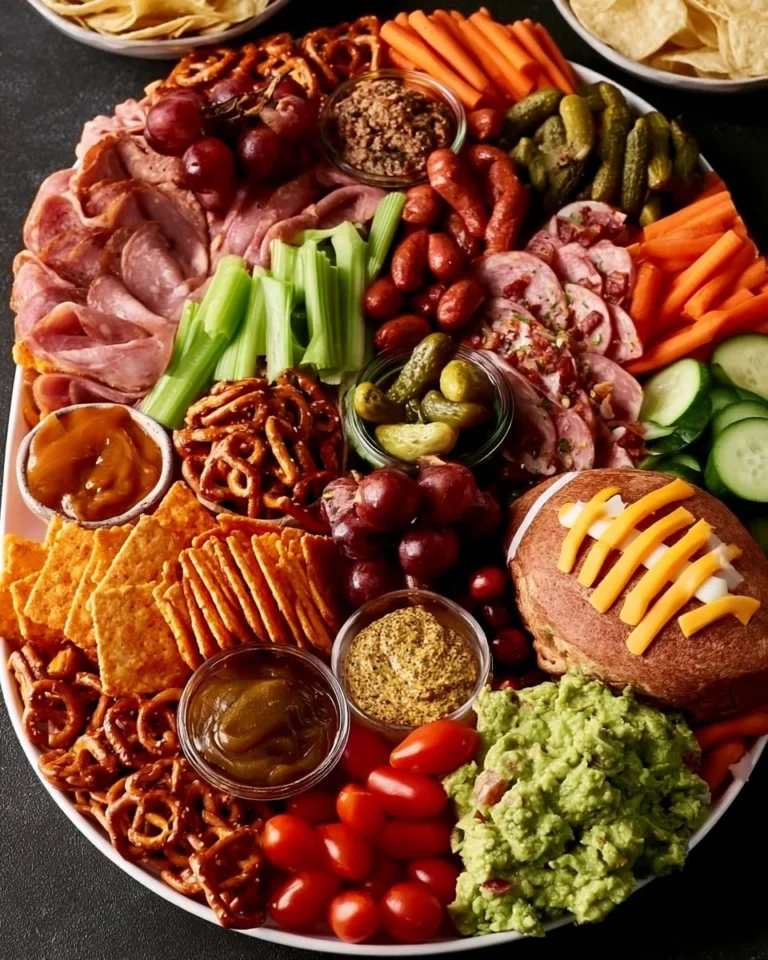 Delicious game day charcuterie board with meats, cheeses, and snacks