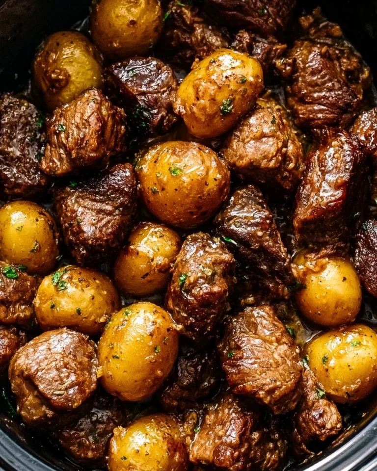 Delicious Garlic Butter Beef Bites served with golden roasted potatoes