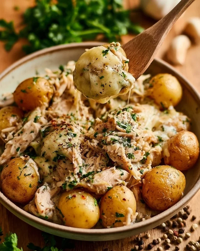 Garlic Parmesan Chicken and Potatoes in a crockpot dish