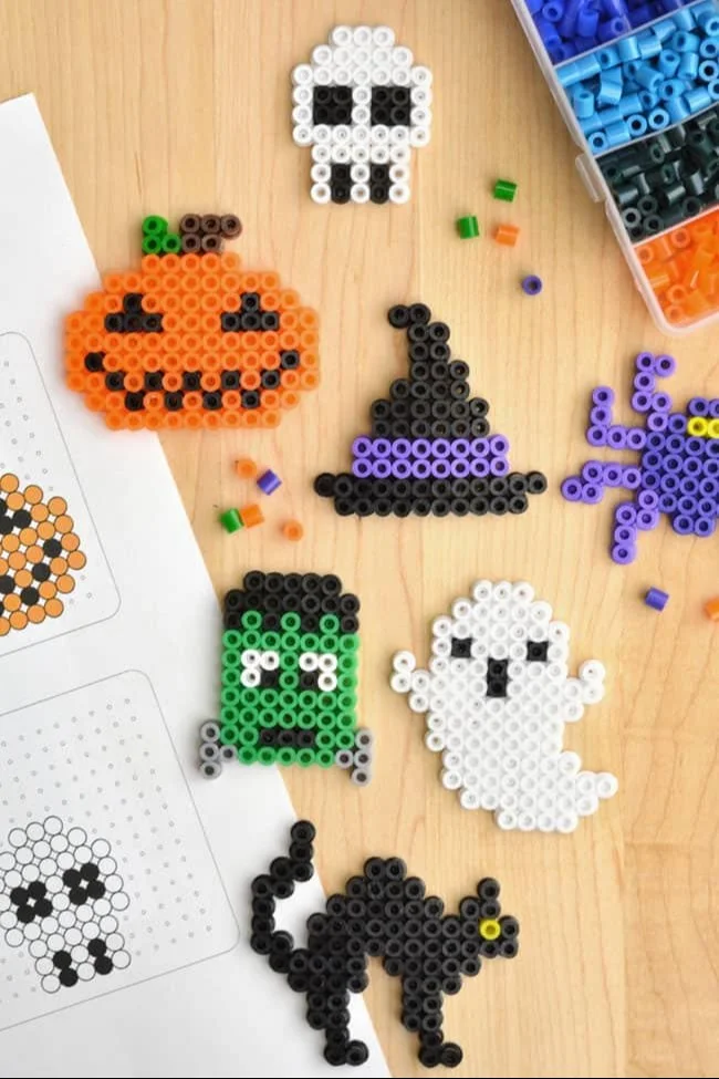 Colorful Halloween Perler Beads craft patterns for spooky decorations
