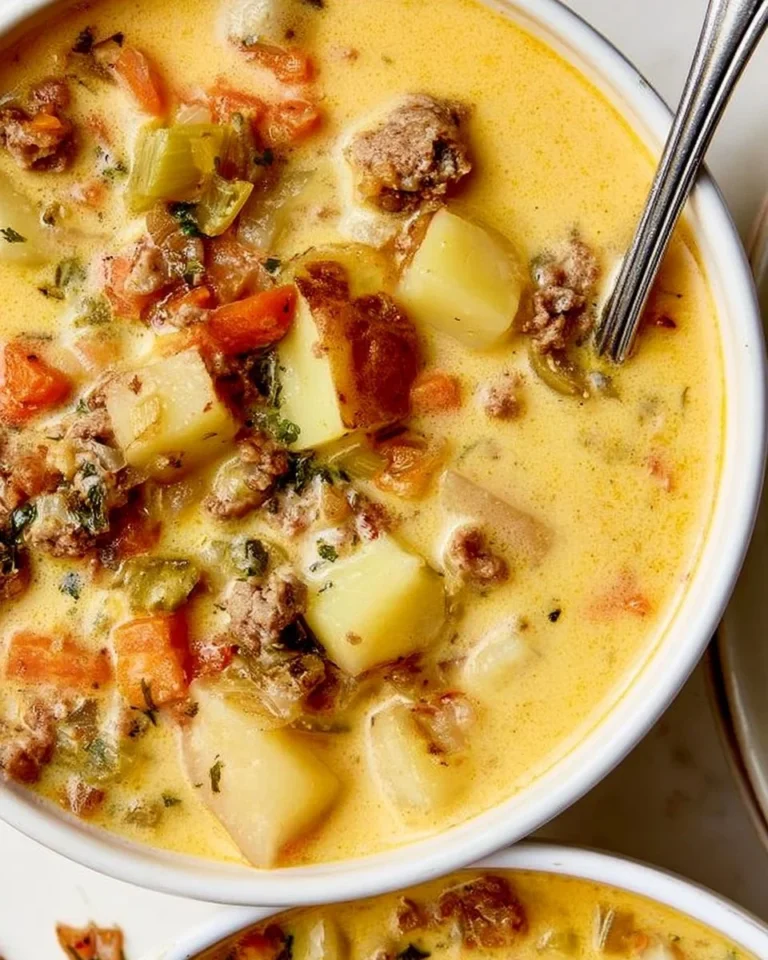 Bowl of creamy Hamburger Potato Soup with potatoes and ground beef