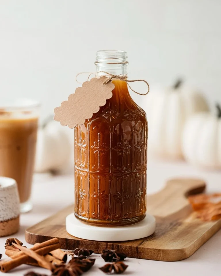 Homemade pumpkin spice syrup in a glass jar with autumn spices