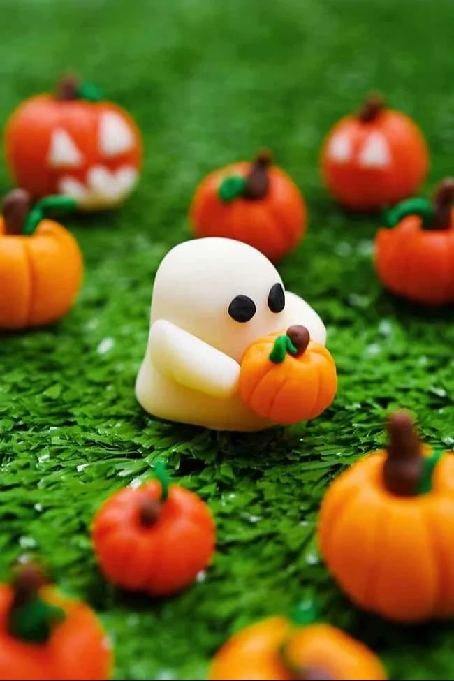 Handcrafted clay pumpkin and ghost decorations for festive fall displays.