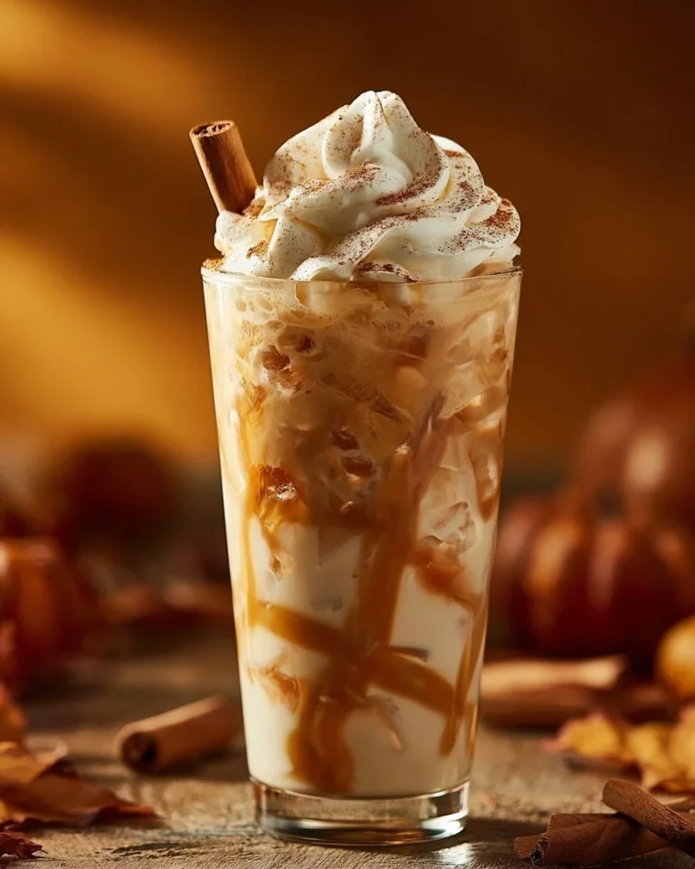 Refreshing Iced Pumpkin Spice Latte topped with whipped cream and spices