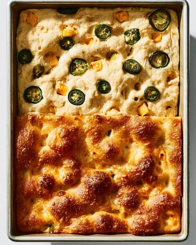 Freshly baked jalapeno cheddar focaccia bread with jalapenos and cheese.