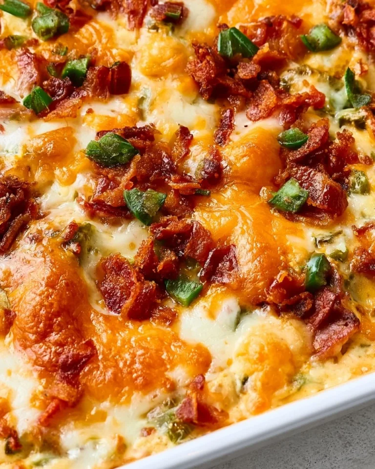 Delicious Keto Jalapeno Popper Chicken Casserole topped with cheese and jalapenos