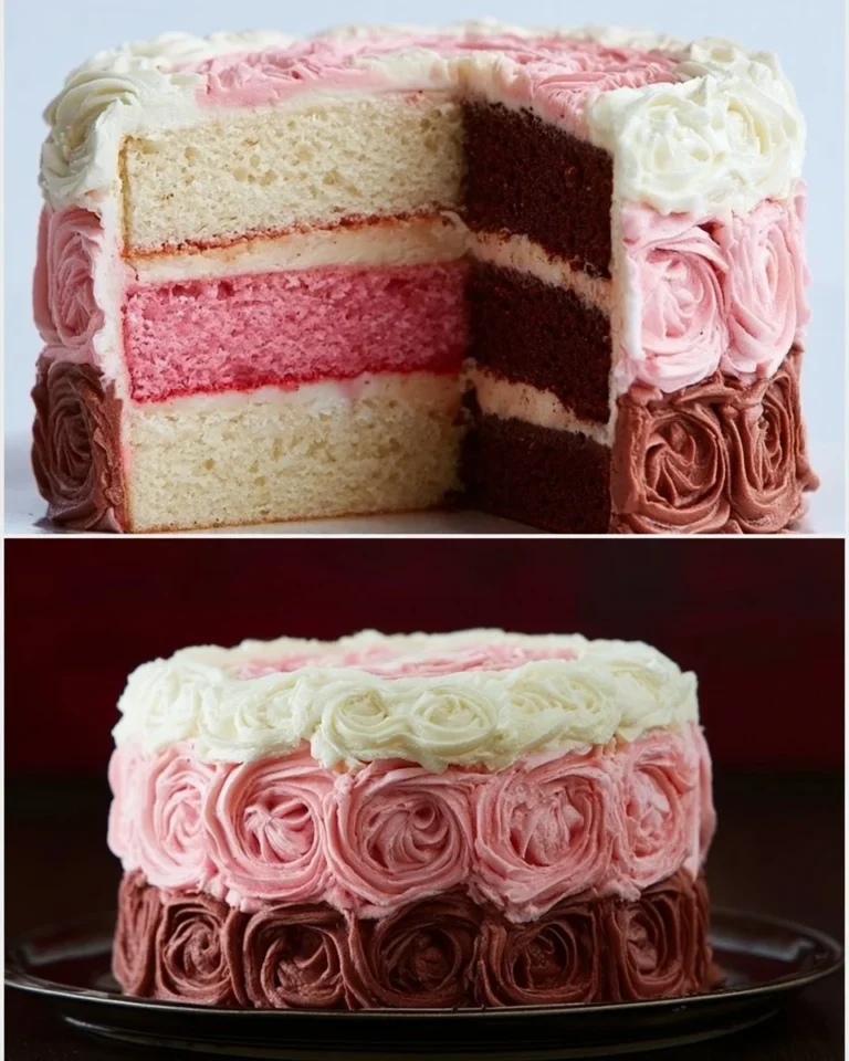 Decadent Neapolitan Rose Cake with layers of chocolate, vanilla, and strawberry icing
