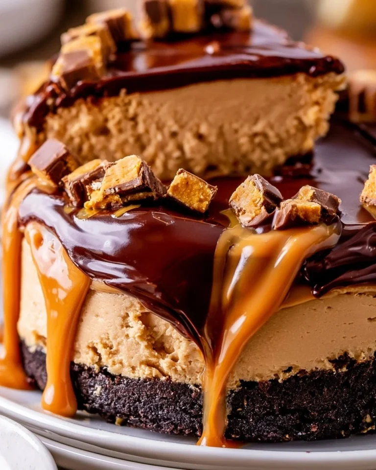 Delicious slice of Peanut Butter Cheesecake topped with peanut butter drizzle