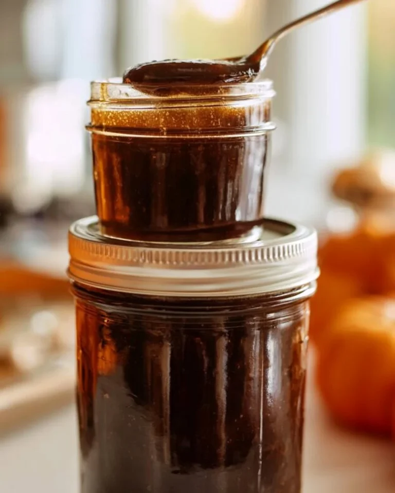 Pumpkin spice coffee syrup bottle on a wooden table with autumn leaves.