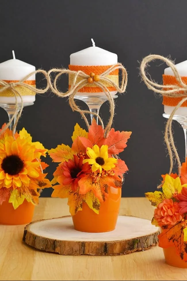 Pumpkin wine glass candle holder for autumn decor