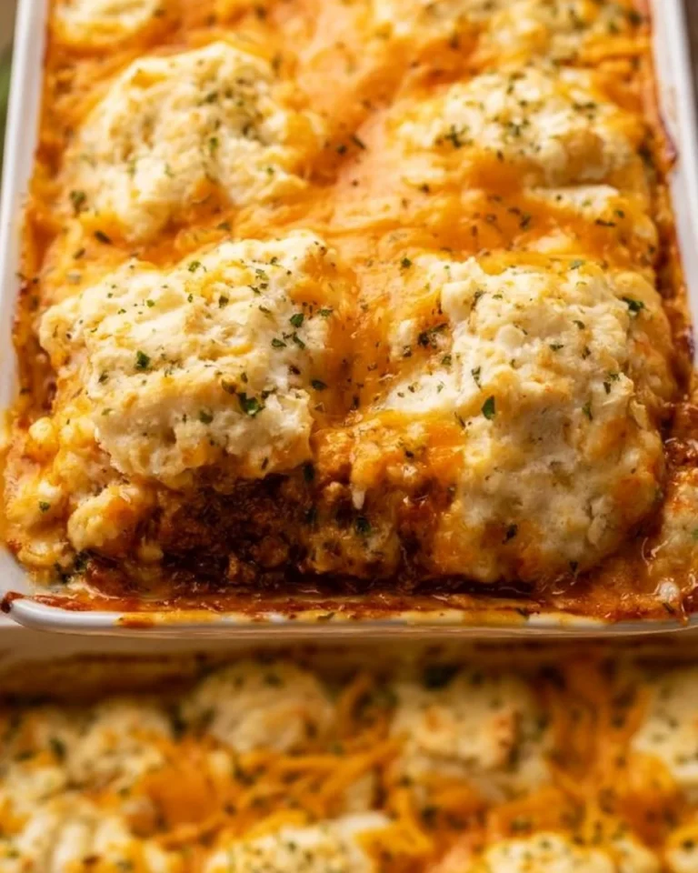 Sloppy Joe Casserole topped with cheddar bay biscuits, fresh and appetizing dish