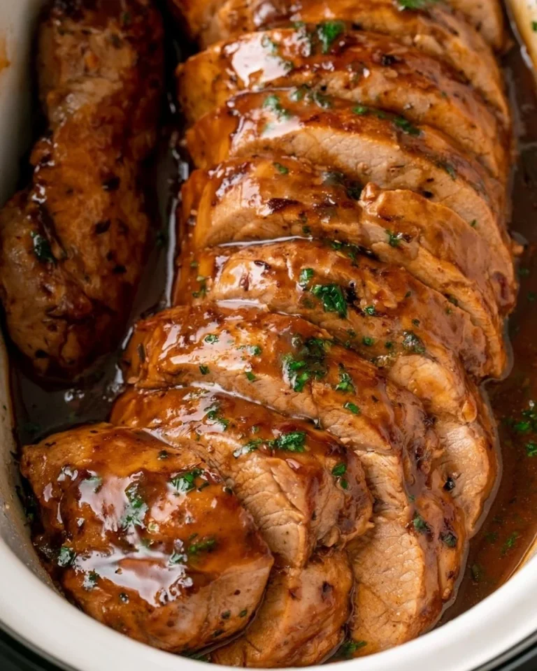 Slow cooker pork tenderloin dish served with vegetables