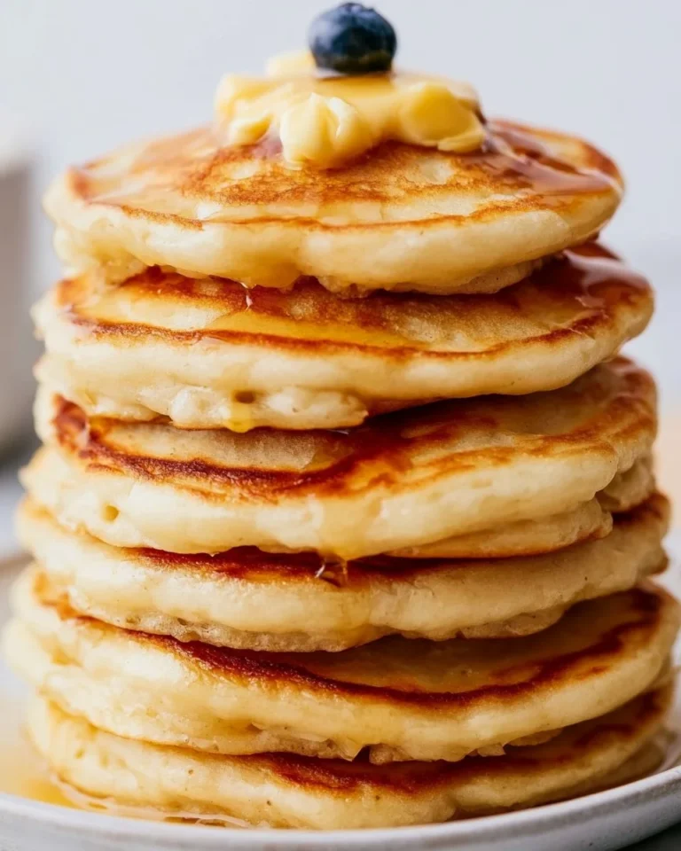Fluffy sourdough pancakes served with syrup and butter.